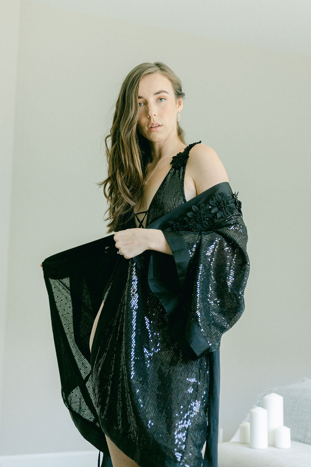 Short Satin & Sequin Kimono Robe