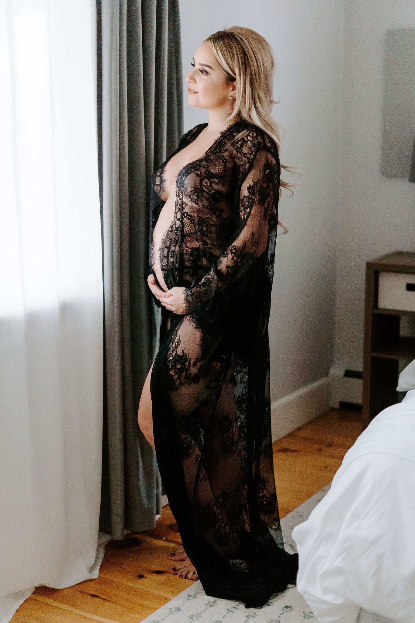 Black lace pregnancy robes with tie