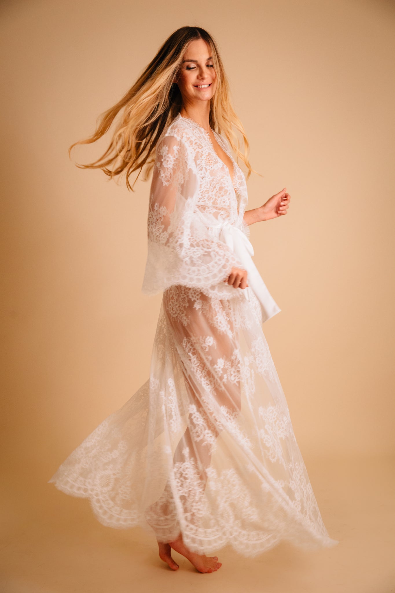 Sheer lace long bridal robe