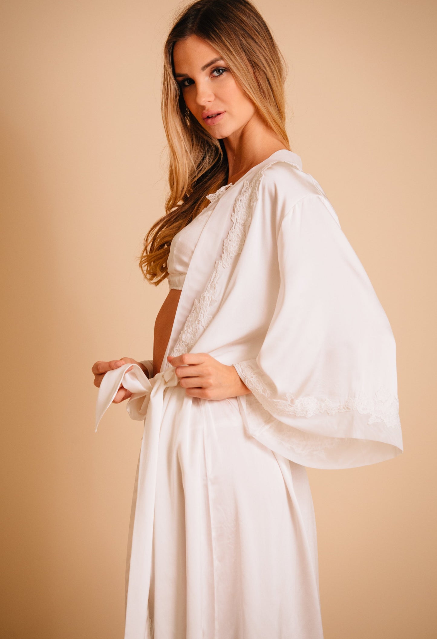 Lace trim silk wedding robe