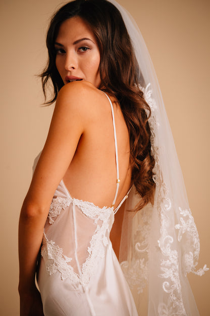 Silk chemise with lace trim and cut out